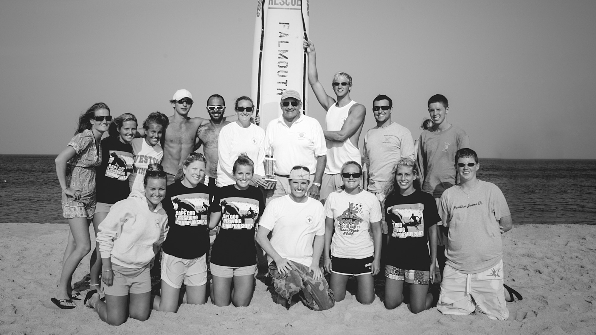 black and white image of group of lifeguards